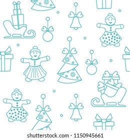 Seamless pattern with christmas and new year symbols. Christmas trees origami, gingerbread man, bells, balls, sledges, gifts.