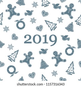 Seamless pattern with christmas and new year symbols. Christmas trees, Christmas wreath, gingerbread man, birds, bells, stars, hearts.