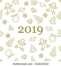 Seamless pattern with christmas and new year symbols. Christmas trees, Christmas wreath, gingerbread man, birds, bells, stars, hearts.