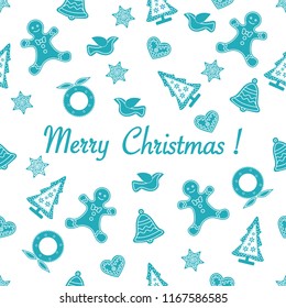 Seamless pattern with christmas and new year symbols. Christmas trees, Christmas wreath, gingerbread man, birds, bells, stars, hearts.