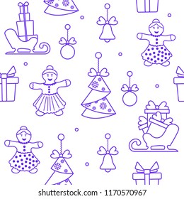 Seamless pattern with Christmas and new year symbols. Christmas trees origami, gingerbread man, bells, balls, sleds, gifts.