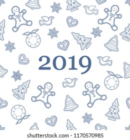 Seamless pattern with christmas and new year symbols. Christmas trees, Christmas wreath, gingerbread man, birds, bells, stars, hearts.