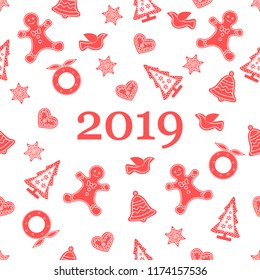 Seamless pattern with christmas and new year symbols. Christmas trees, Christmas wreath, gingerbread man, birds, bells, stars, hearts.