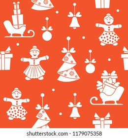 Seamless pattern with christmas and new year symbols. Christmas trees origami, gingerbread man, bells, balls, sledges, gifts.