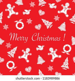 Seamless pattern with christmas and new year symbols. Christmas trees, Christmas wreath, gingerbread man, birds, bells, stars, hearts.