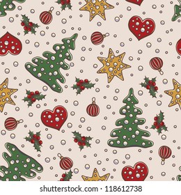 Seamless pattern Christmas and New Year theme with fir tree, mistletoe, gold stars and decorative balls