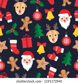 Seamless pattern of Christmas and New Year symbols. Gingerbread man, Santa Claus, deer, bell, candy, gift, ball, Christmas tree, mistletoe, gloves pattern on dark blue background. Vector illustration.