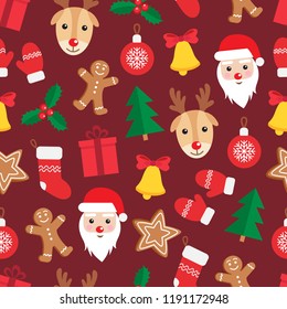 Seamless pattern of Christmas and New Year symbols. Gingerbread man, Santa Claus, deer, bell, candy, gift, ball, Christmas tree, mistletoe, gloves pattern on dark red background. Vector illustration.