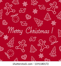Seamless pattern with christmas and new year symbols. Christmas trees, Christmas wreath, gingerbread man, birds, bells, stars, hearts.
