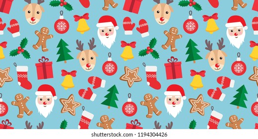 Seamless pattern of Christmas and New Year symbols. Gingerbread man, Santa Claus, deer, bell, candy, gift, ball, Christmas tree, mistletoe, gloves pattern on blue background. Vector illustration.