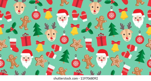 Seamless pattern of Christmas and New Year symbols. Gingerbread man, Santa Claus, deer, bell, candy, gift, ball, Christmas tree, mistletoe, gloves pattern on green background. Vector illustration.