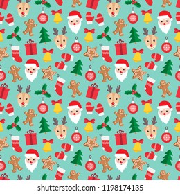 Seamless pattern of Christmas and New Year symbols. Gingerbread man, Santa Claus, deer, bell, candy, gift, ball, Christmas tree, mistletoe, gloves pattern on green background. Vector illustration.