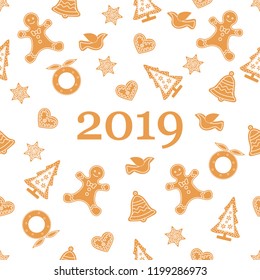 Seamless pattern with christmas and new year symbols. Christmas trees, Christmas wreath, gingerbread man, birds, bells, stars, hearts.