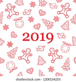 Seamless pattern with christmas and new year symbols. Christmas trees, Christmas wreath, gingerbread man, birds, bells, stars, hearts.