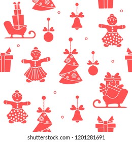 Seamless pattern with christmas and new year symbols. Christmas trees origami, gingerbread man, bells, balls, sledges, gifts.