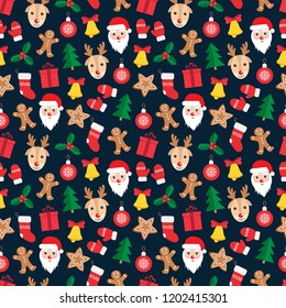 Seamless pattern of Christmas and New Year symbols. Gingerbread man, Santa Claus, deer, bell, candy, gift, ball, Christmas tree, mistletoe, gloves pattern on dark blue background. Vector illustration.