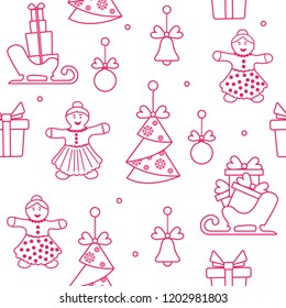 Seamless pattern with christmas and new year symbols. Christmas trees origami, gingerbread man, bells, balls, sledges, gifts.