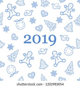 Seamless pattern with christmas and new year symbols. Christmas trees, Christmas wreath, gingerbread man, birds, bells, stars, hearts.