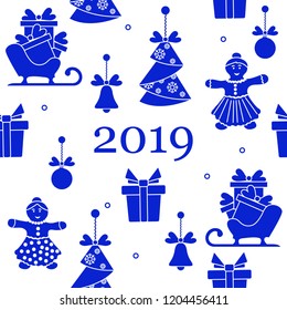 Seamless pattern with christmas and new year symbols. Christmas trees origami, gingerbread man, bells, balls, sledges, gifts.