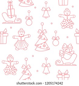 Seamless pattern with christmas and new year symbols. Christmas trees origami, gingerbread man, bells, balls, sledges, gifts.