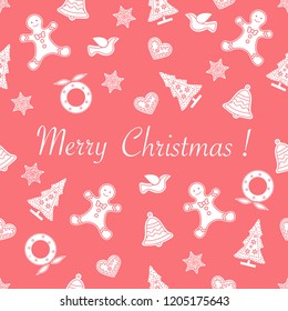 Seamless pattern with christmas and new year symbols. Christmas trees, Christmas wreath, gingerbread man, birds, bells, stars, hearts.