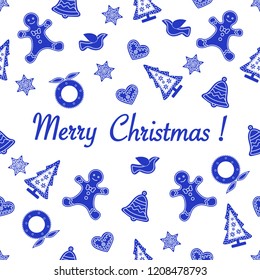 Seamless pattern with christmas and new year symbols. Christmas trees, Christmas wreath, gingerbread man, birds, bells, stars, hearts.