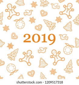 Seamless pattern with christmas and new year symbols. Christmas trees, Christmas wreath, gingerbread man, birds, bells, stars, hearts.