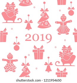 Seamless pattern with christmas and new year symbols. Christmas trees origami, gingerbread man, bells, balls, sledges, gifts.