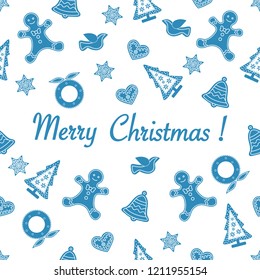 Seamless pattern with christmas and new year symbols. Christmas trees, Christmas wreath, gingerbread man, birds, bells, stars, hearts.