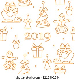 Seamless pattern with christmas and new year symbols. Christmas trees origami, gingerbread man, bells, balls, sledges, gifts.