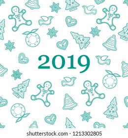 Seamless pattern with christmas and new year symbols. Christmas trees, Christmas wreath, gingerbread man, birds, bells, stars, hearts.