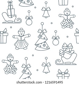 Seamless pattern with christmas and new year symbols. Christmas trees origami, gingerbread man, bells, balls, sledges, gifts.