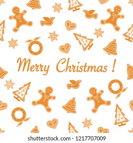 Seamless pattern with christmas and new year symbols. Christmas trees, Christmas wreath, gingerbread man, birds, bells, stars, hearts.