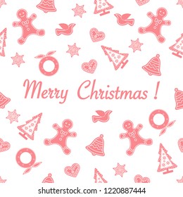 Seamless pattern with christmas and new year symbols. Christmas trees, Christmas wreath, gingerbread man, birds, bells, stars, hearts.