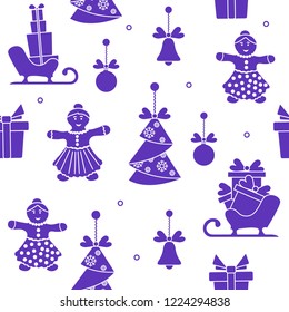 Seamless pattern with christmas and new year symbols. Christmas trees origami, gingerbread man, bells, balls, sledges, gifts.