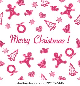 Seamless pattern with christmas and new year symbols. Christmas trees, Christmas wreath, gingerbread man, birds, bells, stars, hearts.