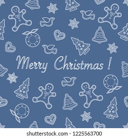Seamless pattern with christmas and new year symbols. Christmas trees, Christmas wreath, gingerbread man, birds, bells, stars, hearts.