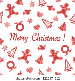 Seamless pattern with christmas and new year symbols. Christmas trees, Christmas wreath, gingerbread man, birds, bells, stars, hearts.