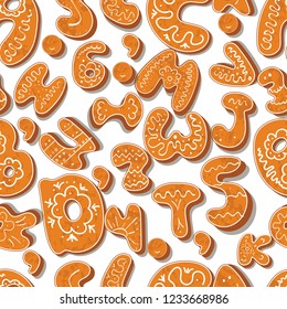 Seamless pattern. Christmas or New year alphabet cookie vector illustration. Isolated large letters on white background.