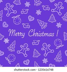 Seamless pattern with christmas and new year symbols. Christmas trees, Christmas wreath, gingerbread man, birds, bells, stars, hearts.