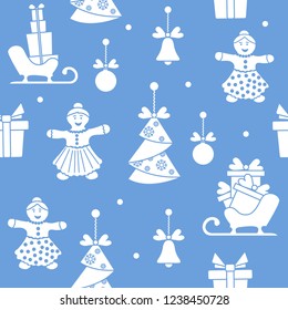 Seamless pattern with christmas and new year symbols. Christmas trees origami, gingerbread man, bells, balls, sledges, gifts.
