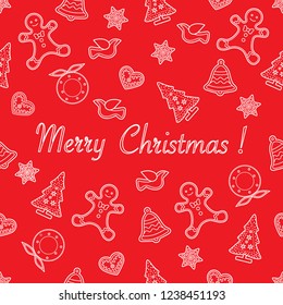 Seamless pattern with christmas and new year symbols. Christmas trees, Christmas wreath, gingerbread man, birds, bells, stars, hearts.
