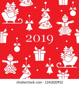 Seamless pattern with christmas and new year symbols. Christmas trees origami, gingerbread man, bells, balls, sledges, gifts.