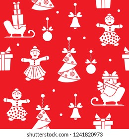 Seamless pattern with christmas and new year symbols. Christmas trees origami, gingerbread man, bells, balls, sledges, gifts.