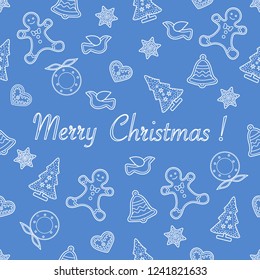 Seamless pattern with christmas and new year symbols. Christmas trees, Christmas wreath, gingerbread man, birds, bells, stars, hearts.