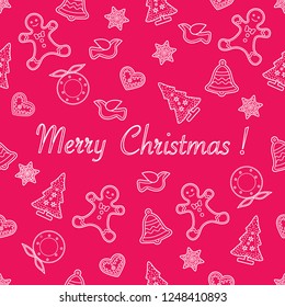 Seamless pattern with christmas and new year symbols. Christmas trees, Christmas wreath, gingerbread man, birds, bells, stars, hearts.