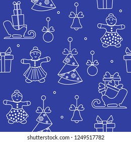 Seamless pattern with christmas and new year symbols. Christmas trees origami, gingerbread man, bells, balls, sledges, gifts.