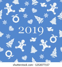 Seamless pattern with christmas and new year symbols. Christmas trees, Christmas wreath, gingerbread man, birds, bells, stars, hearts.