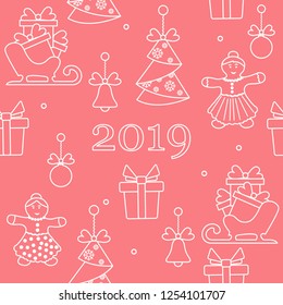 Seamless pattern with christmas and new year symbols. Christmas trees origami, gingerbread man, bells, balls, sledges, gifts.