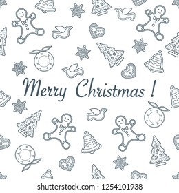 Seamless pattern with christmas and new year symbols. Christmas trees, Christmas wreath, gingerbread man, birds, bells, stars, hearts.